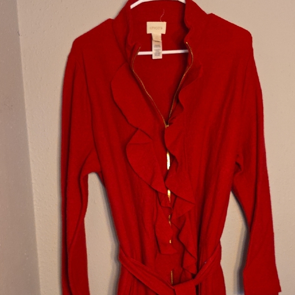Chico’s Red Ruffle-Front Belted Long Cardigan – Elegant Duster Sweater - Picture 1 of 12
